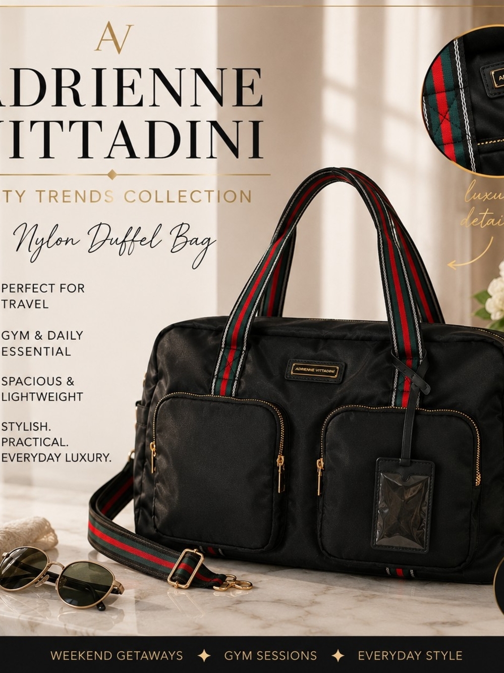 ✨Adrienne Vittadini Black Nylon Weekender Duffel Bag Gold ✨️